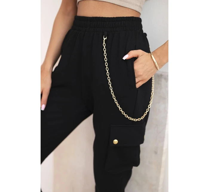Dámské bavlněné cargo kalhoty s kapsami a řetízkem černé