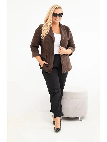 Dámské sako Plus Size manšestrové s klopami a kapsami hnědá