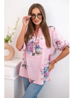 Dámská bavlněná halenka s květinovým vzorem bonbónově růžová