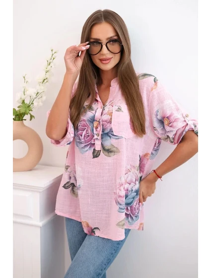 Dámská bavlněná halenka s květinovým vzorem bonbónově růžová