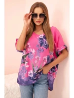 Dámská bavlněná blůza s květinovým potiskem a krátkým rukávem růžová Dámská bavlněná blůza s květinovým potiskem a krátkým rukávem růžová