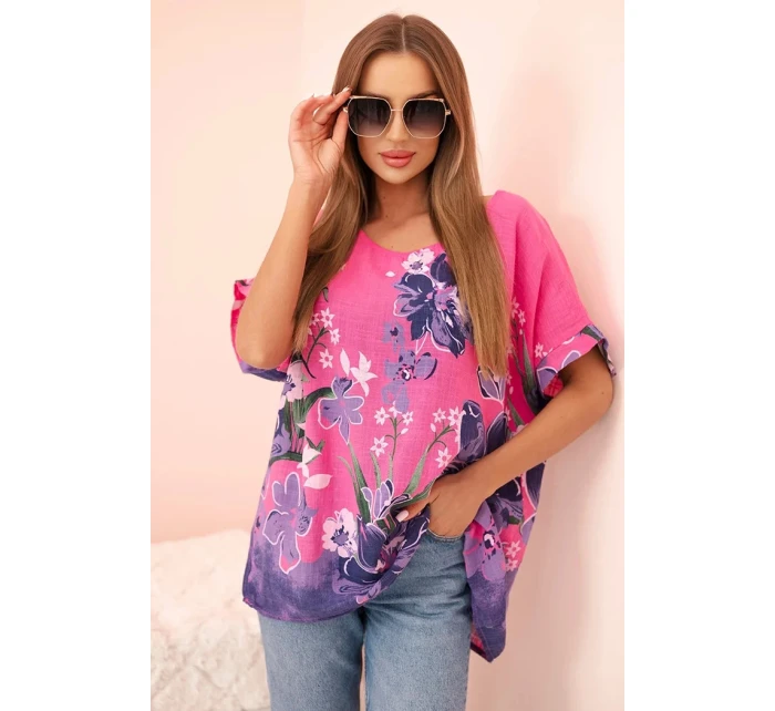 Dámská bavlněná blůza s květinovým potiskem a krátkým rukávem růžová Dámská bavlněná blůza s květinovým potiskem a krátkým rukávem růžová