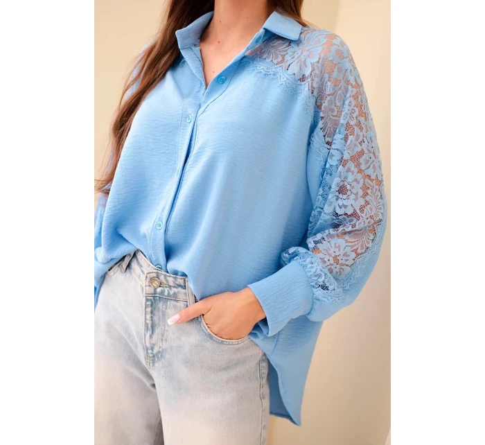 Dámská viskózová košile s krajkovými rukávy a límečkem modrá Dámská viskózová košile s krajkovými rukávy a límečkem modrá