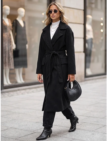 Dámský dvouřadý kabát s páskem, černý, FashionStreet NY0784 Dámský dvouřadý kabát s páskem, černý, FashionStreet NY0784