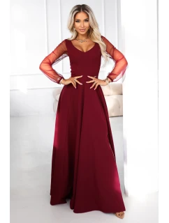 LORETTA dlouhé šaty s rukávy a výstřihem vínové model 21791769 - numoco