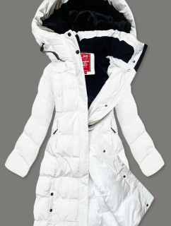 Dlouhá bílá dámská zimní bunda s kožešinovou podšívkou (2M-025)