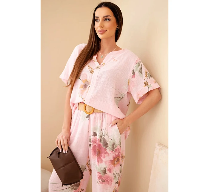Dámský bavlněný komplet s krátkým rukávem a širokou nohavicí bonbónově růžová
