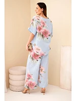 Dámský bavlněný komplet s krátkým rukávem a širokými nohavicemi modrý