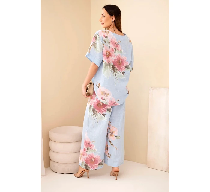 Dámský bavlněný komplet s krátkým rukávem a širokými nohavicemi modrý