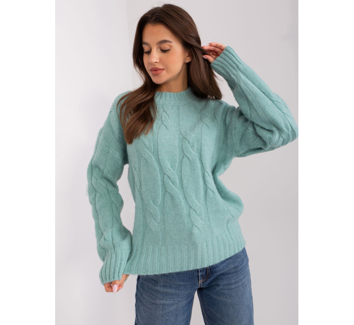 Lehký mátový pletený svetr s kabely