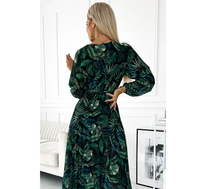 511-1 Plisované šifonové dlouhé šaty s výstřihem, dlouhými rukávy a páskem - GREEN LEAVES