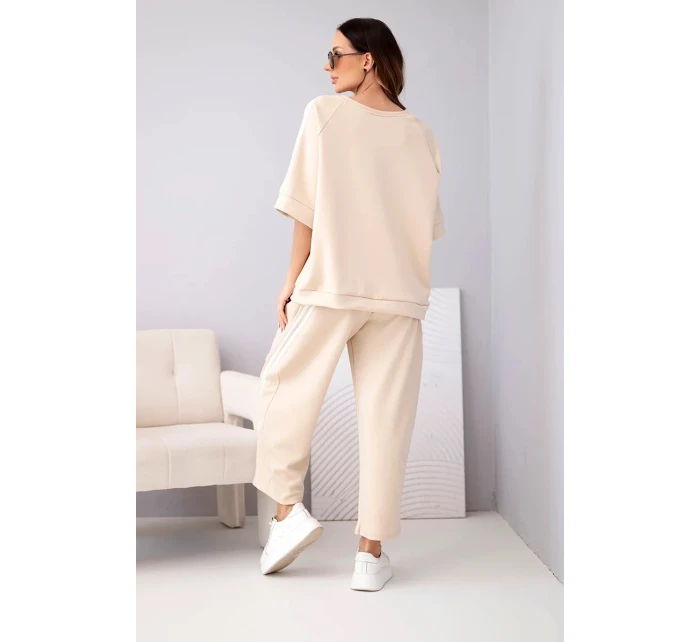 Dámský komplet máslový z viskózy mikina a kalhoty s lampasy béžový
