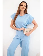 Dámský komplet z měkkého úpletu s halenkou s krátkým rukávem a širokými kalhotami modrý