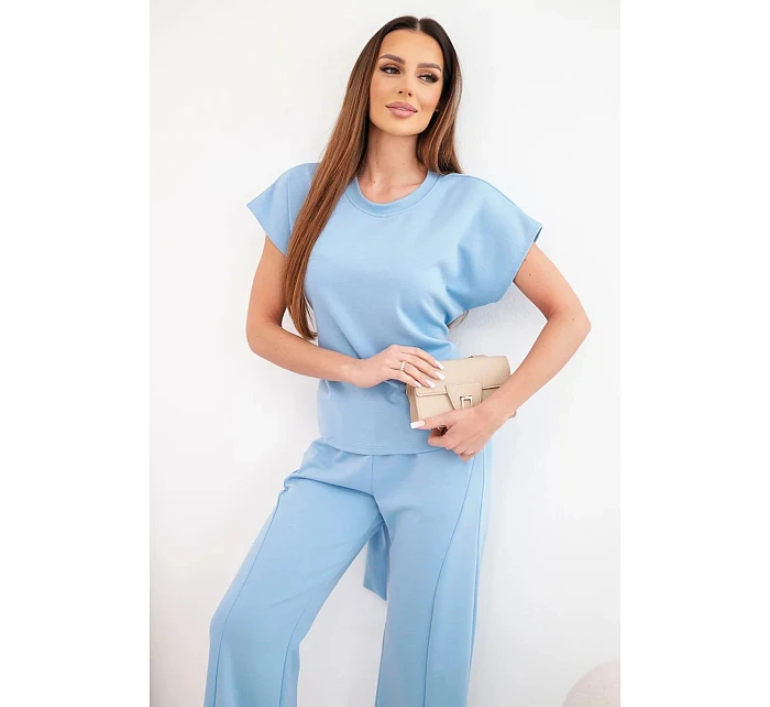 Dámský komplet z měkkého úpletu s halenkou s krátkým rukávem a širokými kalhotami modrý