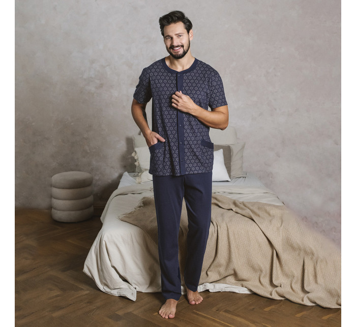 Pánské pyžamo Ricardo, krátký rukáv, dlouhé nohavice - potisk/námořnická modrá
