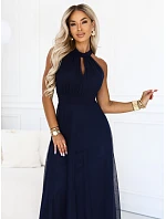 Elegantní maxi večerní šaty na ramínka s a zavazováním v pase tmavě modré model 22210933 - numoco basic