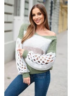 Dámský svetr pruhovaný s copánky na rukávech z vlny khaki + šedý Dámský svetr pruhovaný s copánky na rukávech z vlny khaki + šedý