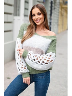 Dámský svetr pruhovaný s copánky na rukávech z vlny khaki + šedý