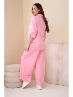Dámský bavlněný komplet s košilí na zavazování a širokými nohavicemi světle růžová