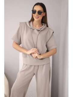 Dámský komplet mikina s kapucí a volné kalhoty se šňůrkou máslový fango