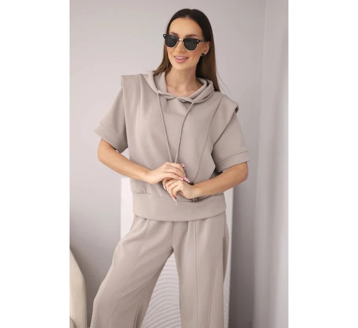 Dámský komplet mikina s kapucí a volné kalhoty se šňůrkou máslový fango