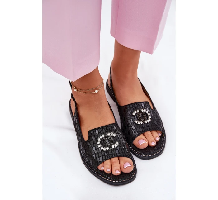 Kožené Sandály S Dekorací Na Plochém Podpatku S.Barski KV51-096 Černé