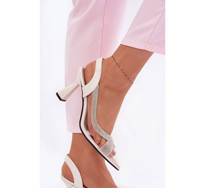 Průhledné sandály s kamínky na podpatku model 22095227 světle béžové - VINCEZA
