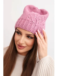 Dámská zimní čepice s vlnou zdobená flitry a pleteninou K473 tmavě růžová