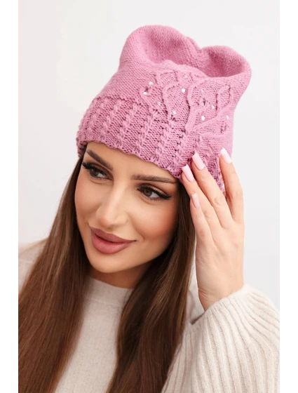 Dámská zimní čepice s vlnou zdobená flitry a pleteninou K473 tmavě růžová Dámská zimní čepice s vlnou zdobená flitry a pleteninou K473 tmavě růžová
