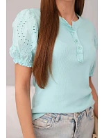 Dámská bavlněná žebrovaná halenka s nabíraným rukávem a knoflíky tmavě mátová