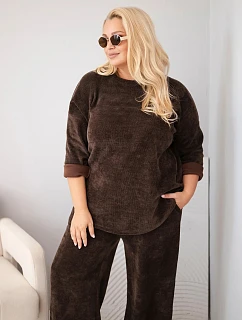 Dámská souprava Plus Size z viskózy manšestrová se širokými kalhotami a mikinou hnědá