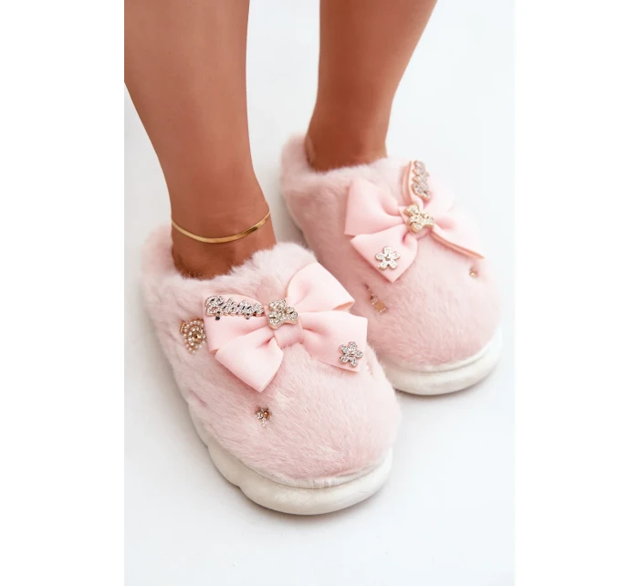 Futrzané Pantofle S Mašlí A Brožemi Růžové Annalira
