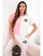 Dámský máslový komplet s oversize mikinou a širokými kalhotami světle růžová + bílá