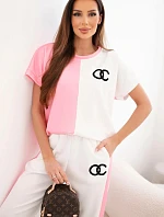 Dámský máslový komplet s oversize mikinou a širokými kalhotami světle růžová + bílá