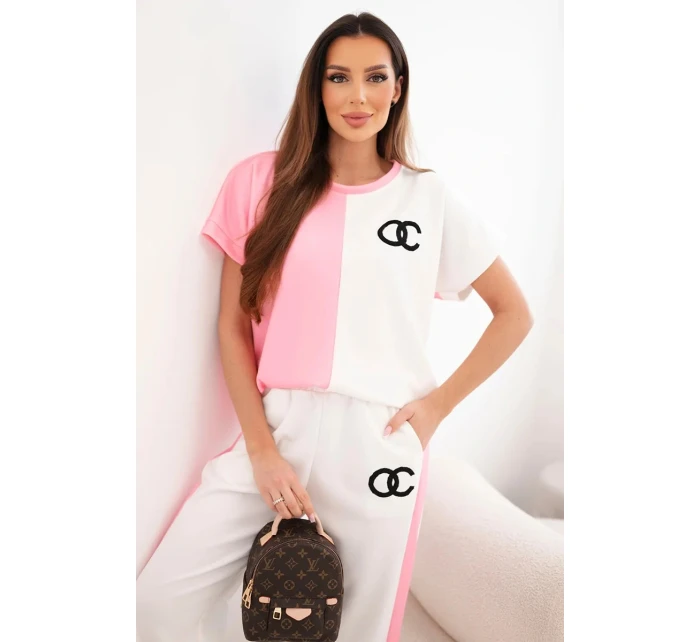 Dámský máslový komplet s oversize mikinou a širokými kalhotami světle růžová + bílá