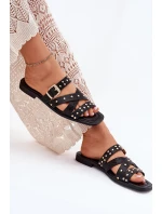 Zdobené Dámské Pantofle Na Plochém Podpatku S Pásky A Přezkou Černé Manitte Zdobené Dámské Pantofle Na Plochém Podpatku S Pásky A Přezkou Černé Manitte