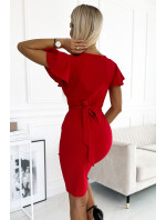 Dámské šaty s psaníčkovým výstřihem, rukávy a páskem Numoco NINA- červené