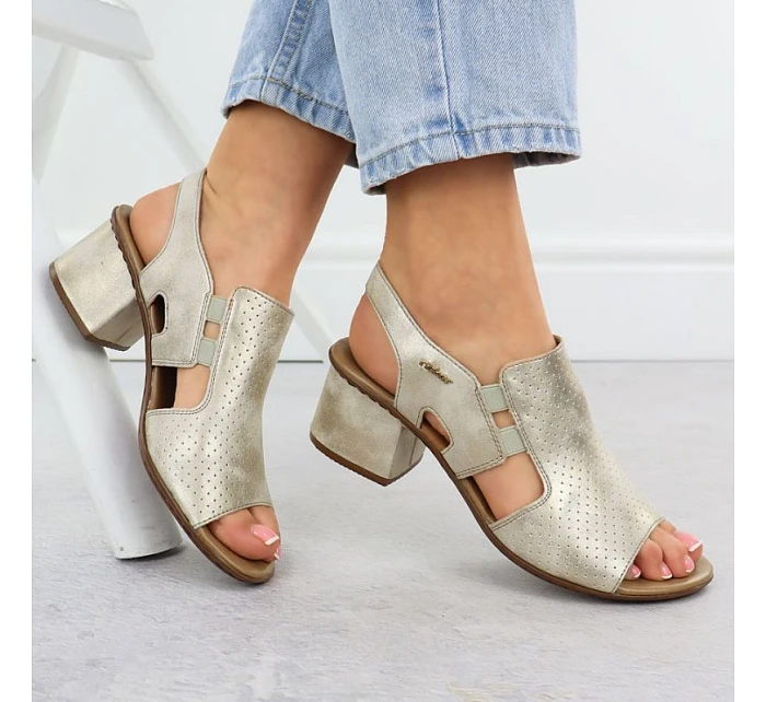 Dámské zlaté nazouvací sandály na podpatku Rieker 64665-60