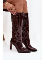 Kožené lakované dámské kozačky na podpatku s  bordó model 21713957 - D&A