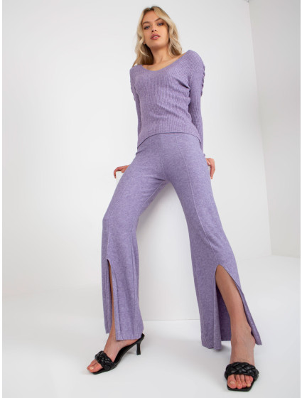 Dámské fialové úpletové kalhoty s rozparkem