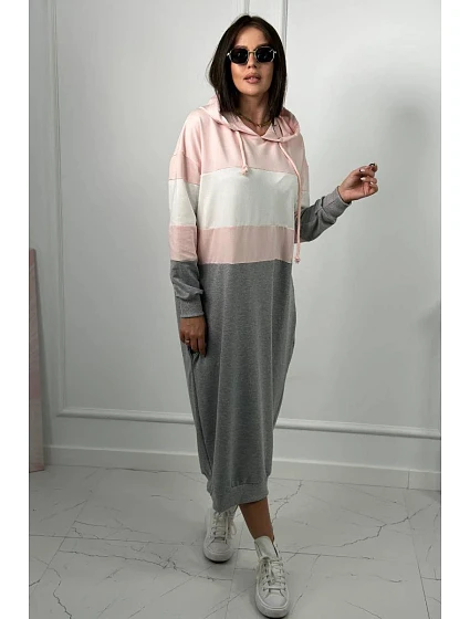 model 18856930 šaty s kapucí pudrově růžová + ecru + šedá - K-Fashion