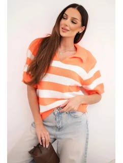 Dámský pruhovaný svetr s límečkem a krátkým rukávem oranžový