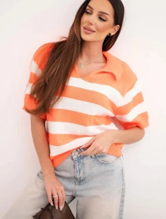 Dámský pruhovaný svetr s límečkem a krátkým rukávem oranžový
