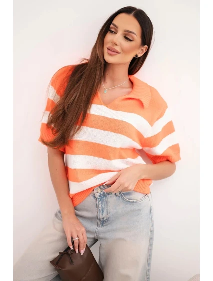 Dámský pruhovaný svetr s límečkem a krátkým rukávem oranžový