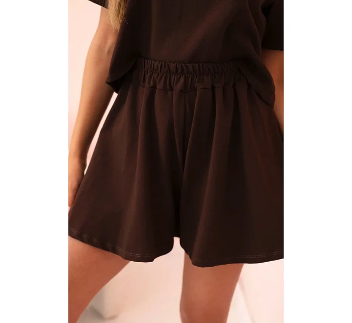 Dámský bavlněný komplet s širokými šortkami hnědý