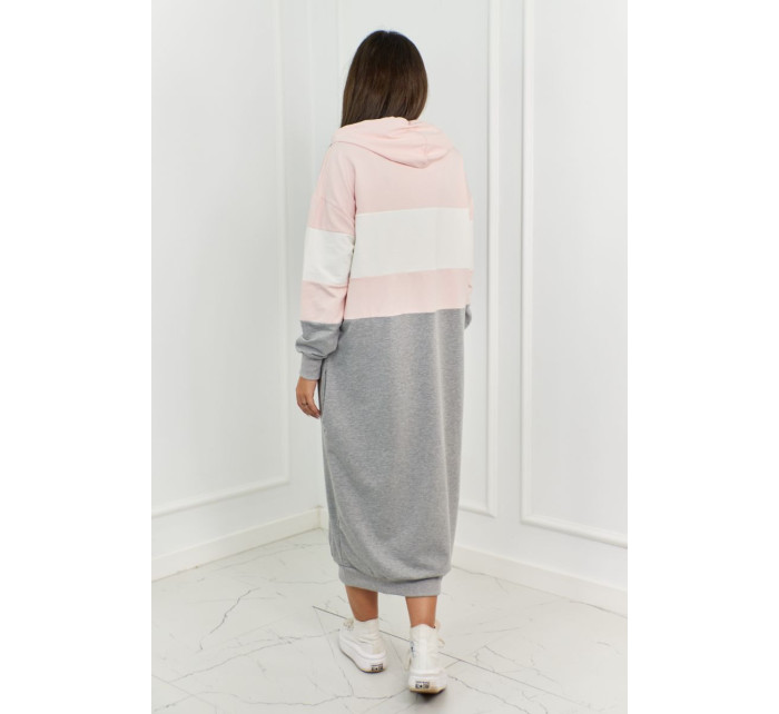 Tříbarevné šaty s kapucí pudrově růžová + ecru + šedá