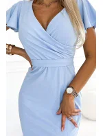 479-6 Šaty NINA s obálkovým výstřihem, rukávy a páskem - MODRÉ 479-6 Šaty NINA s obálkovým výstřihem, rukávy a páskem - MODRÉ