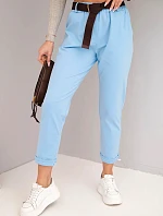 Dámské bavlněné kalhoty s páskem a ohrnutým lemem modré