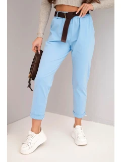 Dámské bavlněné kalhoty s páskem a ohrnutým lemem modré