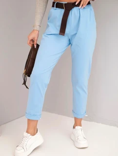 Dámské bavlněné kalhoty s páskem a ohrnutým lemem modré